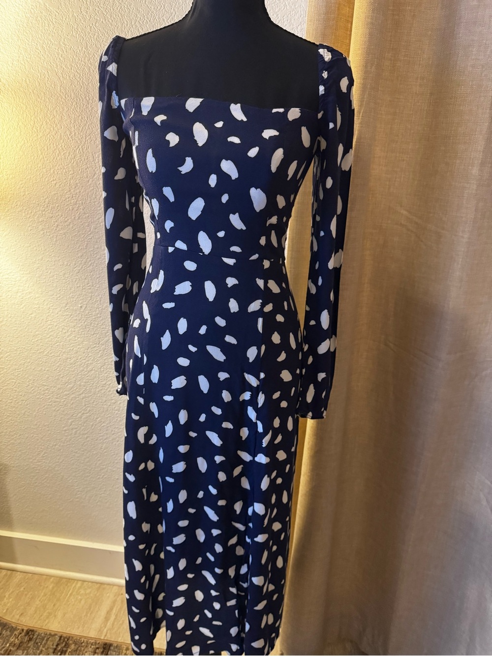 Reformation Navy Blue Long-Sleeve Square-Neck Dress with White Spot Print
